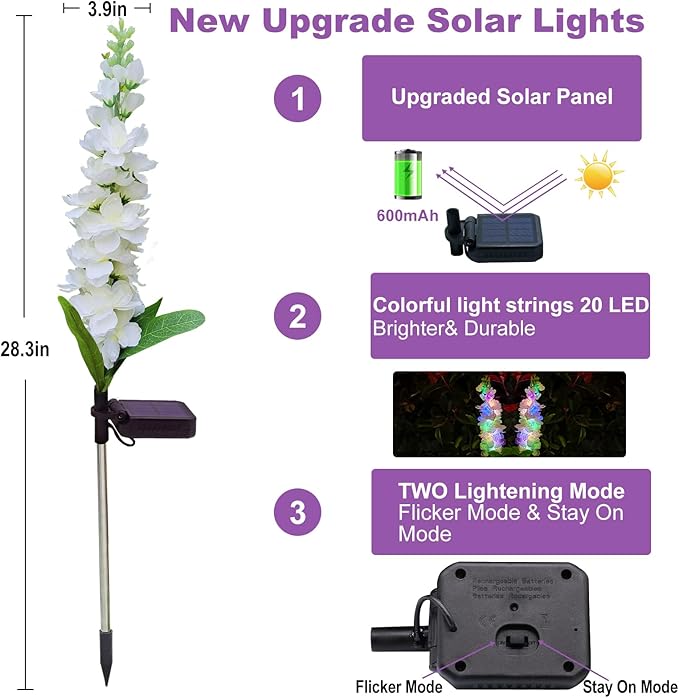 Solar Garden Lights, Delphinium Flowers 2 Pack 40 LEDs, Waterproof Outdoor Lights Two Lighting Modes for Wedding Party Garden Yard Patio Lawn Decor and Gift for Mother