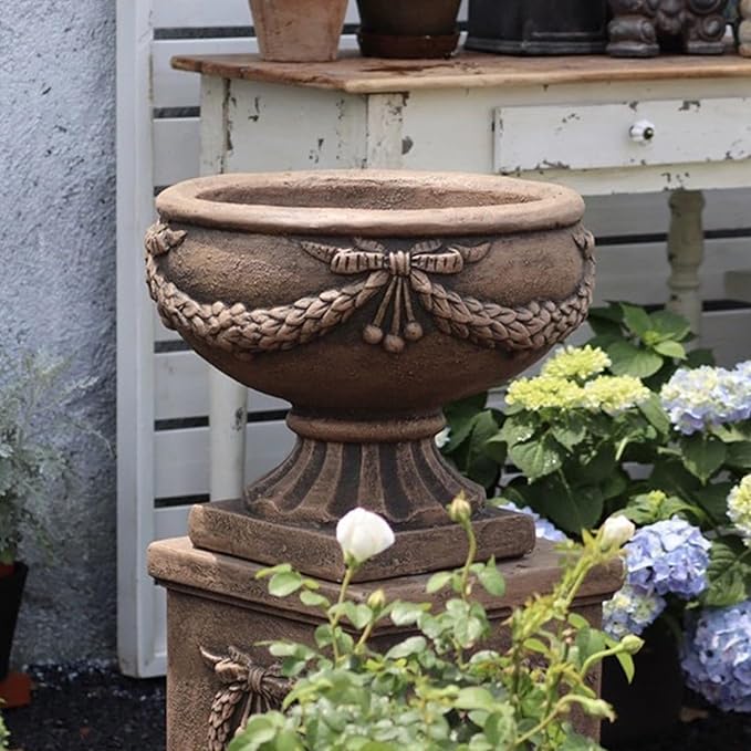 17 Inch Vintage Plant Pot for Plants, Embossed Design Durable and Sturdy Resin Fiber Flowerpots with Drainage Hole, Decorative Orchid Houseplant Pot Indoor Outdoor Plant Container