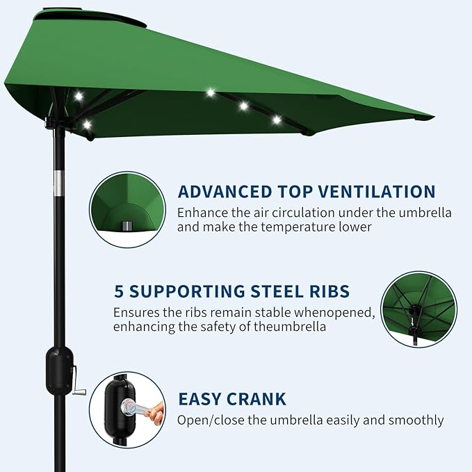 Garvee Patio Umbrella 9FT - Half Umbrella Outdoor with Solar LED Lights and Smooth Crank Lift, Outdoor Shade Canopy for Patio, Backyard, Garden, Deck, Balcony -Dark Green