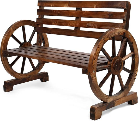 VINGLI 41" Rustic Outdoor Wooden Bench, 2-Person Patio Wagon Wheel Bench with Slatted Seat, Weather Resistance Garden Benches for Outdoors 350lbs High Capacity for Yard Porch Ourdoor Decor