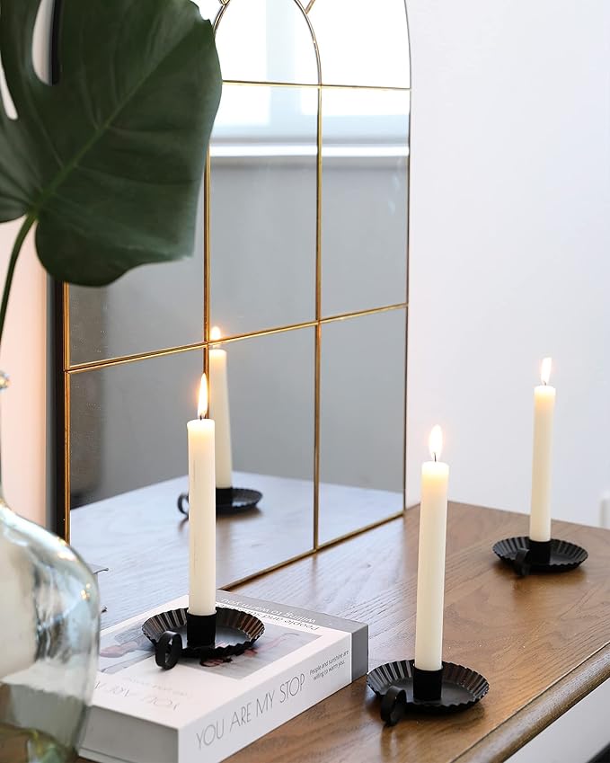 DN DECONATION Candlestick Candle Holders, Black Metal Candle Stick Holders for Taper Candlesticks, Farmhouse Candle Holders, Small Iron Candle Holder with Handle, Set of 3