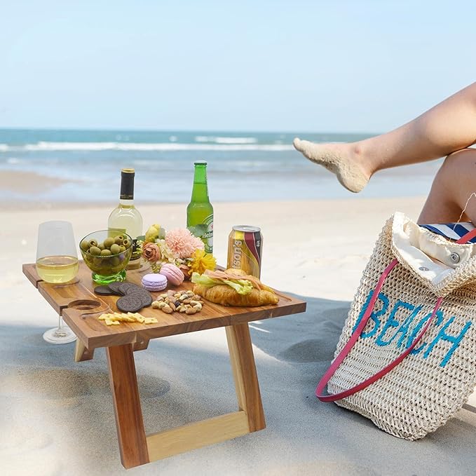 Portable Wine Picnic Table, Acacia Wood, Larger Tray Foldable, Charcuterie Board, Wine Gift, Decor for Romantic Camping, Engagement Party, Concerts, Glamping, Winter Adventure