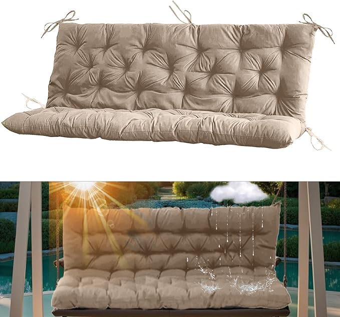 2-3 Seat Swing Replacement Cushion, Outdoor Bench Cushions with Backrest Thicken 4", Patio Furniture Garden Porch Loveseat Glider Pad Anti-Fading Waterproof (Khaki, 40x60in)