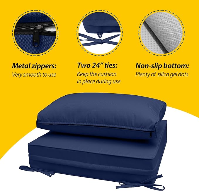 AAAAAcessories Outdoor Seat Cushions for Chairs, Fade-Resistant, Waterproof Patio Furniture Replacement Cushions, 23" x 23" x 5" + 23" x 13.5", Set of 4, Navy Blue