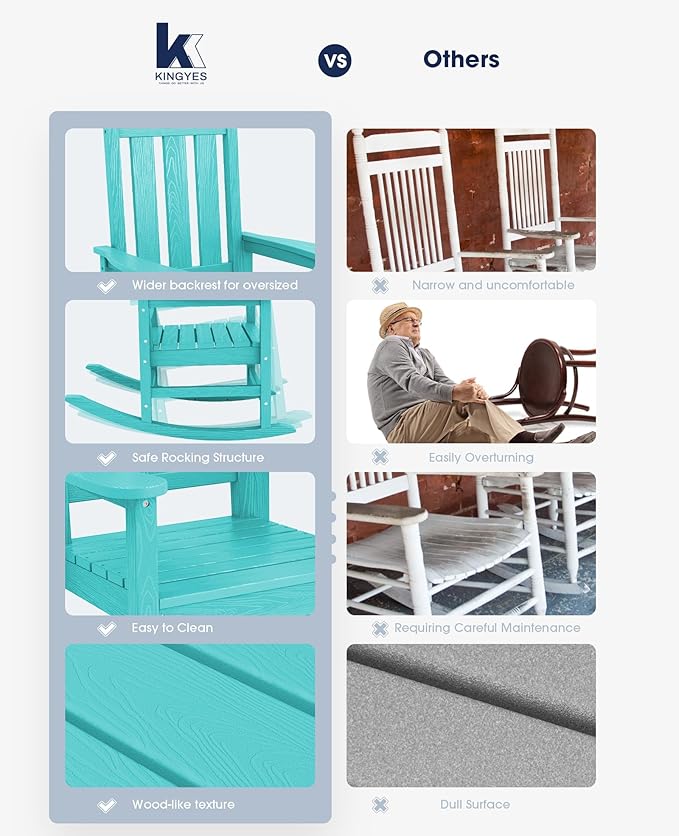KINGYES Outdoor Rocking Chair Set of 6, All-Weather Patio Rocking Chairs for Porch, HDPE Rocking Outdoor Chairs with High Back for Adult, Heavy Duty Outdoor Patio Rockers for Garden, Lawn, Aruba