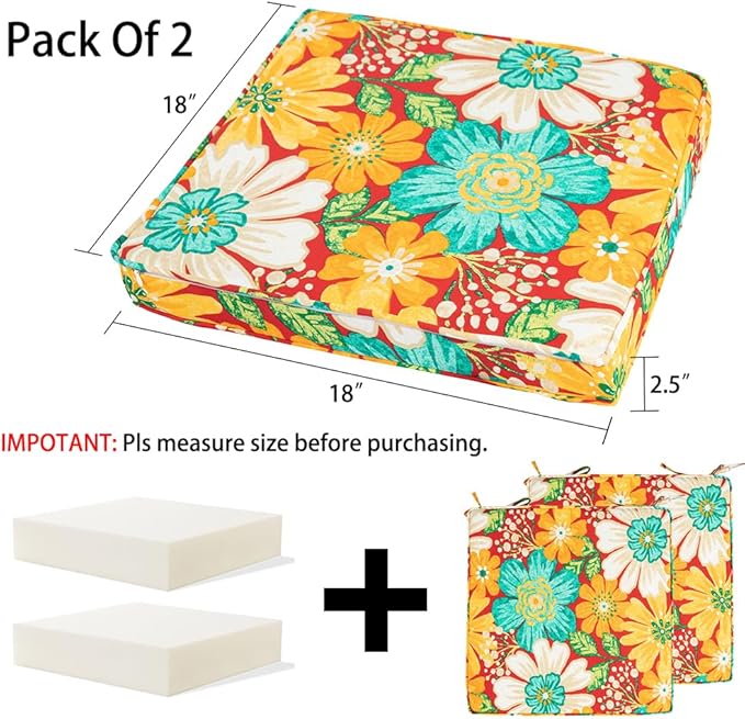 Magpie Fabrics Indoor Outdoor Waterproof Square Chair Cushion, 18" x 18" x 2.5", 2 Pack, Water Resistant Seat Cushions, for Patio Garden Office, Ambry Red Hibiscus
