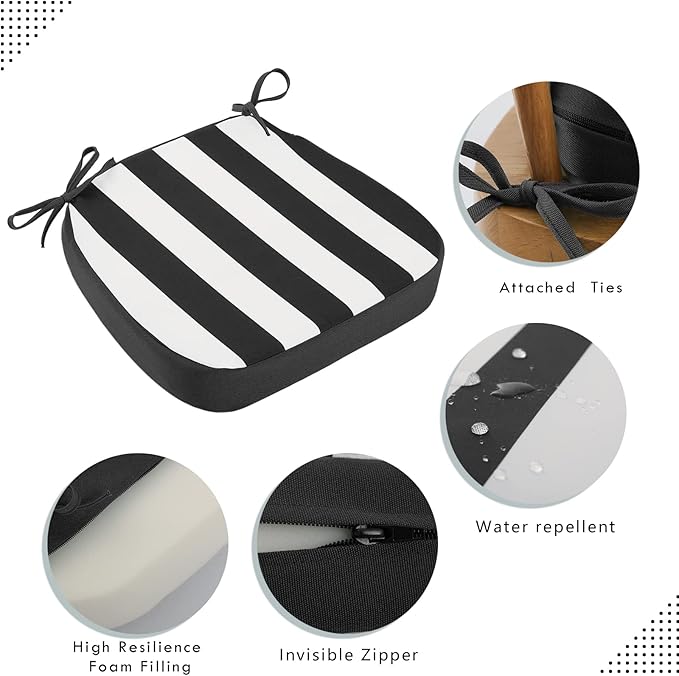 idee-home Outdoor Chair Cushions Set of 4, 17" x 17" x 3" Thick D-Shaped Patio Furniture Outdoor Seat Cushions Waterproof with Ties, Dining Pads
