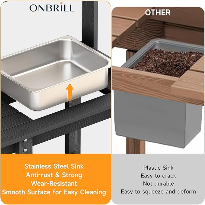 ONBRILL Potting Bench, Outdoor Potting Bench Table with Removable Sink, HDPS Potting Benches for Outside, Garden Table with Storage Shelves & 4 Side Hooks, No Rot, No Fade, No Break, 360lbs Capacity