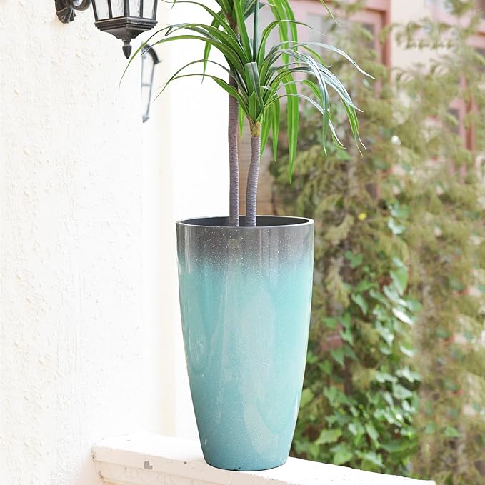 Planters for Outdoor Plants, Large Outdoor Plastic Grey to Azure Gradient Tall Flower Pots 2Pack, Patio Decor Unbreakable Resin, Lightweight Planter