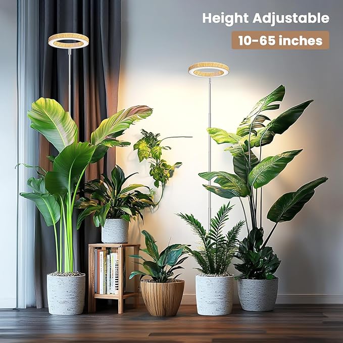 Grow Lights for Indoor Plants, Full Spectrum Plant Lights for Indoor Growing with 6/12/16H Timer, 3 Color Modes, 5 Brightness, 10"-65" Height Adjustable Wood Grain Plant Growing Lamp