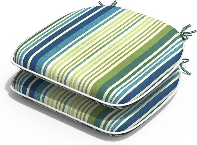 Outdoor Chair Cushions Set of 2, Water Resistant Patio Chair Pads with Ties, Seat Cushions for Home Garden Furniture Decoration, 16"x17", Stripe Blue Green