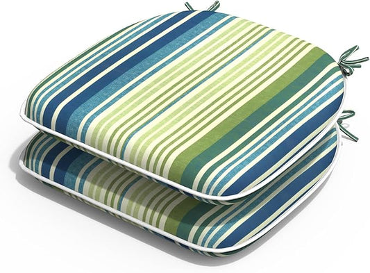 Outdoor Chair Cushions Set of 2, Water Resistant Patio Chair Pads with Ties, Seat Cushions for Home Garden Furniture Decoration, 16"x17", Stripe Blue Green