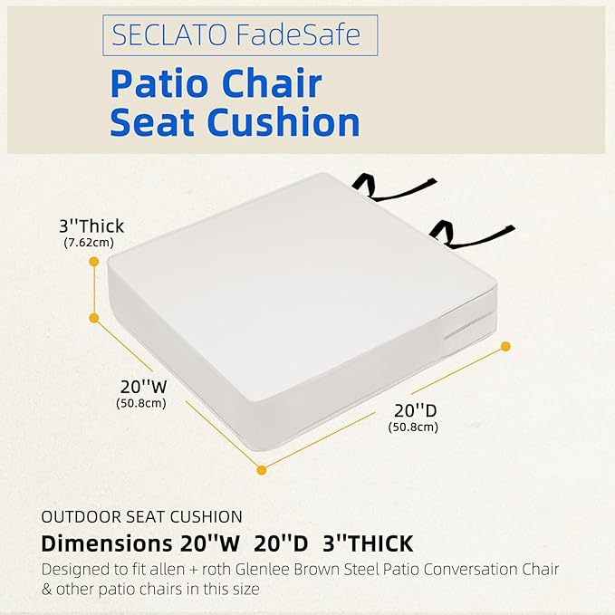 Waterproof Outdoor Seat Cushions 20x20x3 Inch, Patio Chair Cushions with Adjustable Straps & Handle, Fade-Resistant, Machine Washable, 2-Pack Light Grey