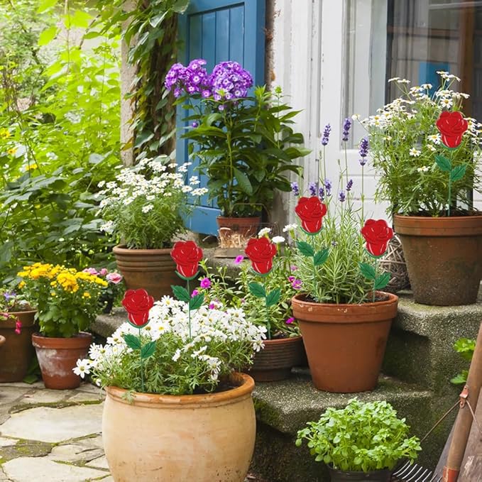 YEAHOME Valentines Day Decorations Outdoor, Set of 6 Rose Metal Flowers Decorative Garden Stakes for Valentines Day Decor, Lovely Yard Stakes for Home Lawn Pot Flowerbed Wedding Anniversary