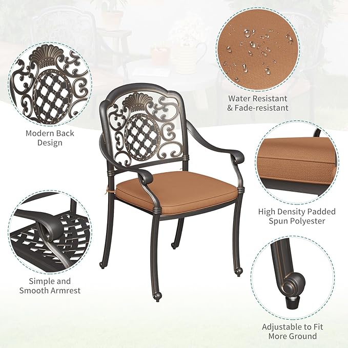 Garvee 2 Piece Patio Dining Chairs with Cushions, Outdoor All-Weather Cast Aluminum Chairs, Patio Bistro Dining Chair Set of 2 for Garden Deck Backyard, Dark Bronze