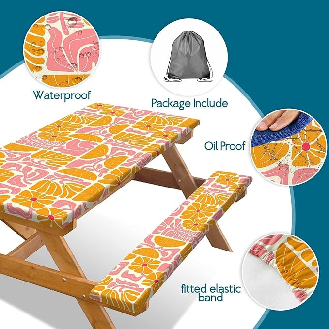 Picnic Table Covers with Bench Covers Boho Patchwork Orange Pink Flower Pattern Camping Tablecloth Fitted Picnic Table Cover with Elastic Windproof Waterproof, Camping Accessories Outdoor, 96In 3PCS