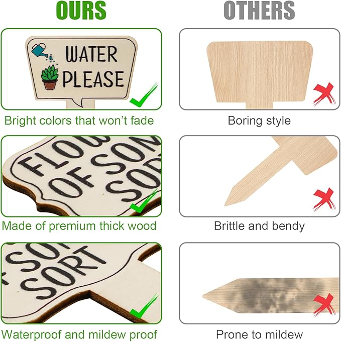 15pcs Garden Plant Markers, Wooden Plant Labels Tab Funny Plant Signs with Stake, Interesting Words & Cute Patterns Garden Tags Labels for Outdoor Indoor Patio Supplies Novelty Gifts