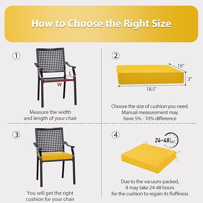 Outdoor Chair Cushions Set of 2, 18.5 x 16 Inch Patio Chair Cushions for Outdoor Furniture, Water Resistant, Non-Slip Ties (Yellow)