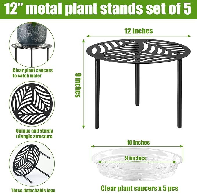5-Pack 12” Heavy-duty Metal Plant Stands Large Flower Pot Holder for Indoor Outdoor Rust-proof Iron Potted Planter Stand Modern Round Corner Stand Shelf for Living Room Patio Garden Yard, Black