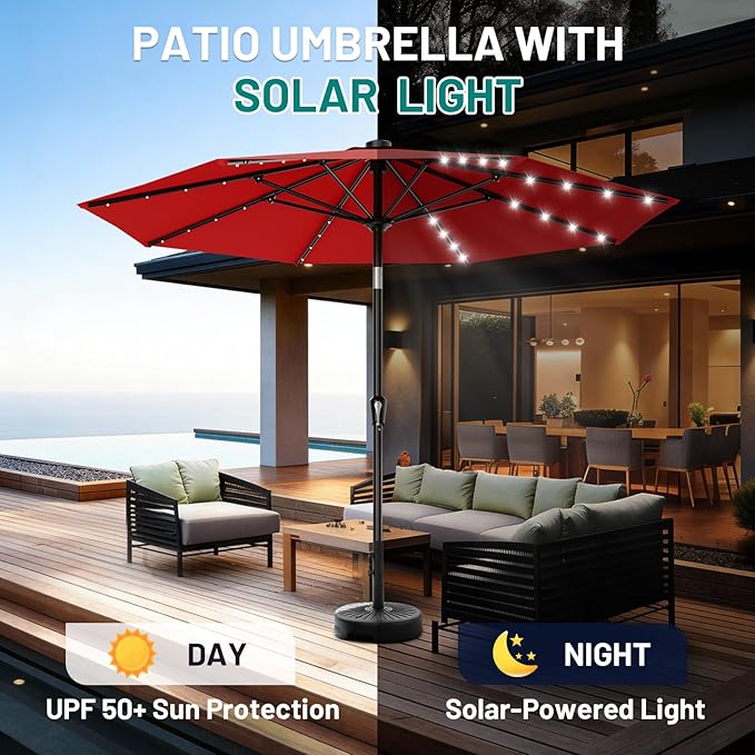 AreShark 9FT Patio Umbrella with Solar Lights, 32 LED Lighted Pool Umbrella w/Tilt and Crank, Outdoor Market Solar Umbrellas for Garden, Deck, Backyard, Pool and Beach, Red