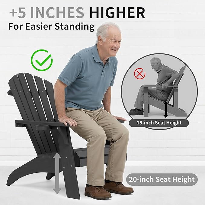 Psilvam Adirondack Chair, Oversized Poly Lumber Fire Pit Chair with Cup Holder, 350Lbs Support Patio Chairs for Garden, Weather Resistant Outdoors Seating, Relaxing Gift for Father & Mother (Black)