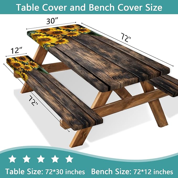 Picnic Table Cover with Bench Covers Wood Sunflower Elastic Outdoor Tablecloth Camping Essentials Waterproof Windproof Camping Tablecloth with Drawstring Bag, Fitted Rectangle Tables Seats 72X30in