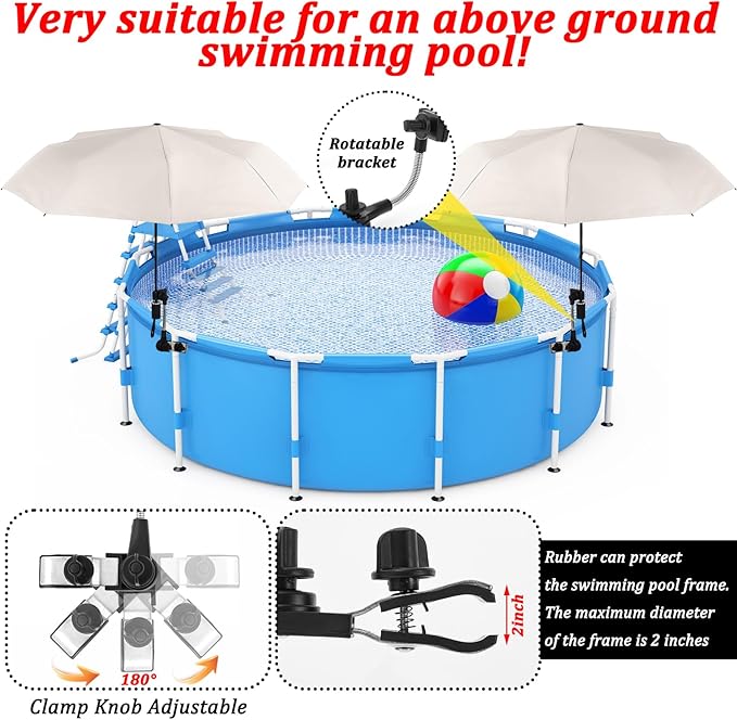2 Pack Pool Shade Umbrella for Above Ground, Pool Sunshade Canopy With Adjustable Universal Clamp, Portable Patio Umbrella for Garden Beach Chair Camp Trolley Stroller Golf Cart