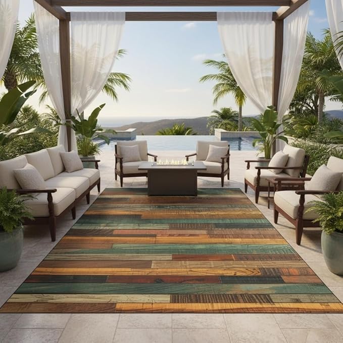 Retro Natural Brown Green Orange Wood Slats Outdoor Rug for Patio Deck Backyard Garden Front Porch Rustic Wood Grain Print Rugs Breathable Waterproof Washable Outdoor Carpet 5x7 Anti Slip Mat