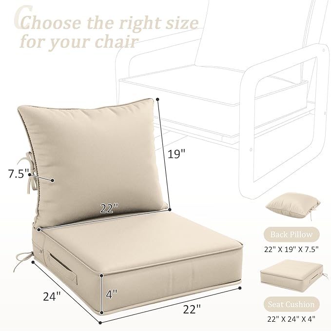 Outdoor Patio Chair Cushions Set 22 L X 24 W X 4 H Waterproof & Fade Resistant Deep Seat and Back Cushions with Removable Covers Outdoor Seat Cushion Set for Chairs and Sofas