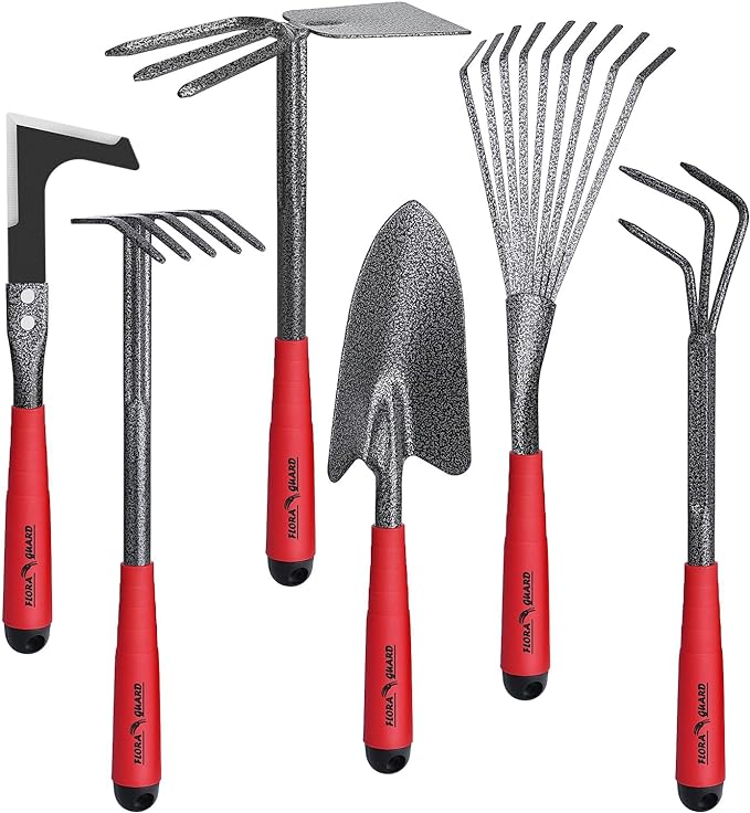 FLORA GUARD Garden Tools Set, 6-Piece Heavy Duty Gardening Hand Tools with Soft Rubber Handle, Includes Trowel, Rake, 2-in-1 Hoe & Crack Weeder, Durable Yard Tools, Essentials Garden Gift Men Women