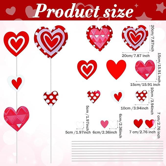 Amyhill 13 Pcs 21.5 Inch Valentine's Day Heart Shape Planter Stakes, Garden Stakes Decor with 8 Pcs Rods, Red Pink White Heart Signs for Patio, Lawn, Yard, Planter Pots, Pathway, Wedding Decor
