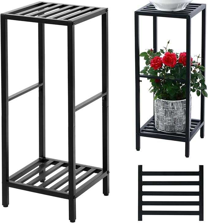 Party Zealot 2-Tier Tall Metal Square Plant Stand 31” Heavy-Duty Modern Flower Pot Rack for Indoor Living Room, Corner Side Table for Outdoor Patio, Garden, and Balcony, Black