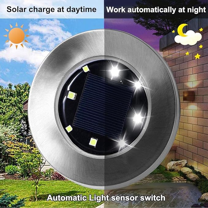 Solar Ground Lights, 4 Pack 8 LED White Solar Pathway Lights, Waterproof, Modern, Outdoor, In-Ground, Garden, Path, Deck, Lawn, Patio, Walkway