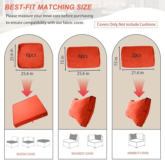 Outdoor Cushion Covers for Patio Furniture, Patio Cushion Covers Replacement with Zipper, Waterproof & Fade Resistant,Only Cover (Orange, 25.6Lx25.6Wx4H - Only Covers)