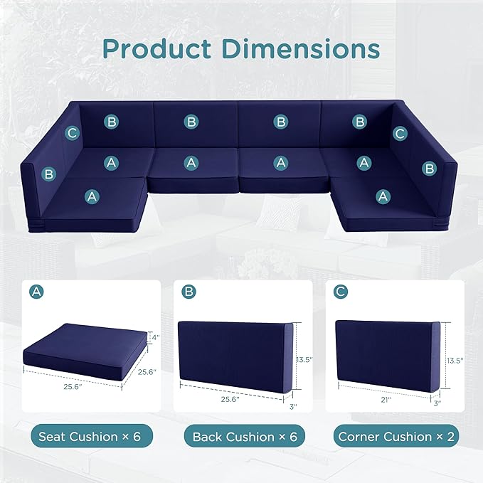 Codi 14-Piece Outdoor Cushions for Patio Furniture, 6 Seat (25.6'' x 25.6'') Waterproof Replacement Cushion Set - High-Density Foam, UV Resistant, Fits Wicker & Rattan Sectional Sofas - Navy