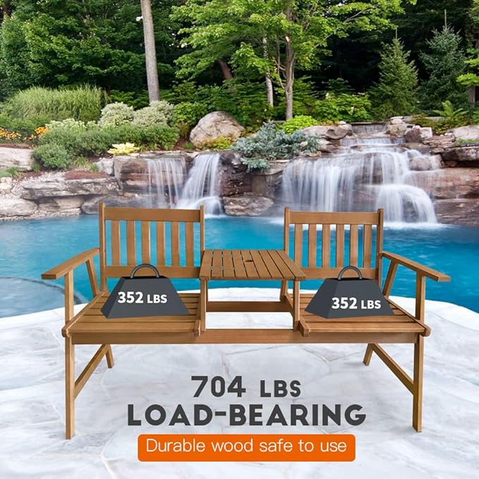 FDW Outdoor Patio Bench Wood Garden Bench Park Bench Acacia Wood with Table for Pool Beach Backyard Balcony Porch Deck Garden Wooden Furniture