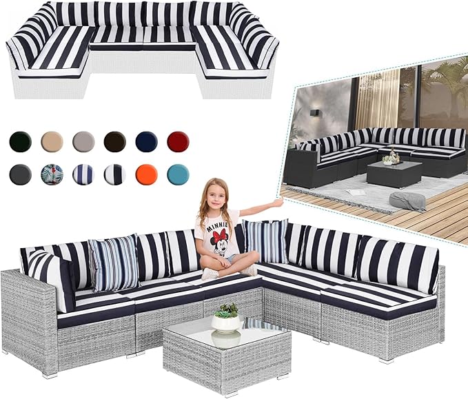 Outdoor Sectional Cushions, 4" Foam High-Density, Water-Resistant Couch Cushions Replacement Set, 14 Piece Patio Sectional Cushion for 6-Seat Sectional Patio Conversation Sets (Black white stripes)