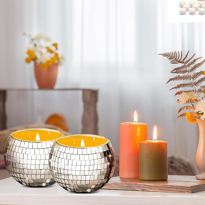 Maxcheck 24 Pcs Disco Ball Candle Holders Bulk Wedding Decoration Disco Ball Centerpieces Includes 12 Votive Mosaic Glass Tea Light Holders and 12 Tea Light Candles for Activity Party