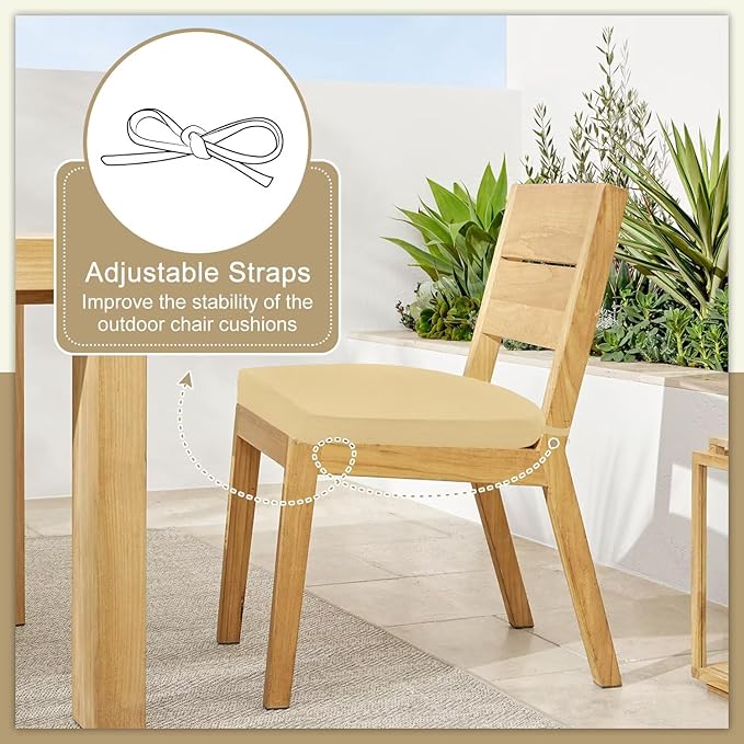 Cozyide Outdoor Chair Cushions, Waterproof Patio Seat Cushions with Adjustable Straps, Round Corner Patio Chair Cushions for Garden, Khaki, 17x16x2 Inch (Pack of 4)