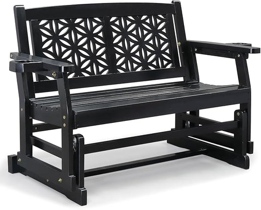 VINGLI Fir Wood Outdoor Glider with Floral Backrest, Wooden Patio Gliding Bench with Cup Holders, Smooth Rocking Chair for Garden, Yard & Porch (Black, 4FT)