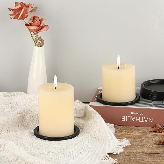 OwnMy 3PCS Iron Candle Holders for Pillar Candles, 3 Inch Metal Pillar Candle Plates and Trays, Small Round Tealight Holders Elegant Candle Stands Bases for Wedding Dining Table Centerpieces, Black