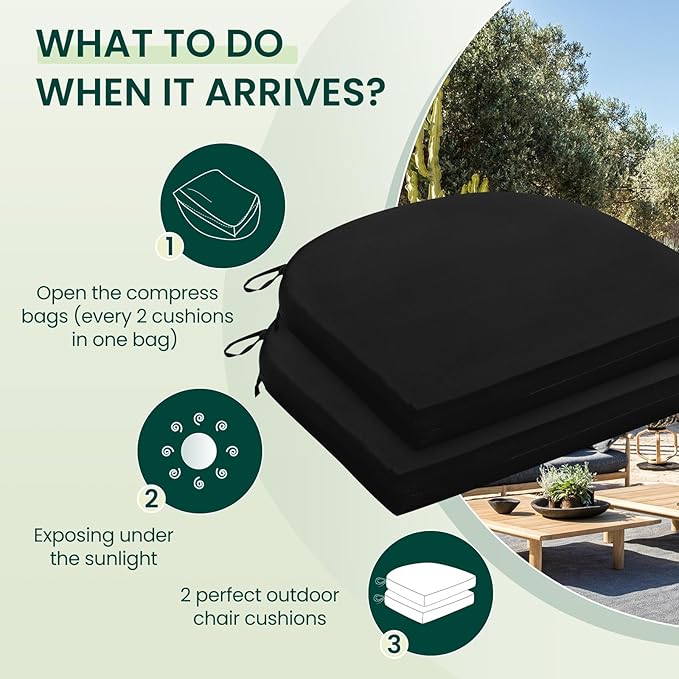 HARBOREST Outdoor Chair Cushions Set of 2, Water Resistant Patio Chair Cushions with Ties, Outdoor Seat Cushions for Patio Furniture, 17"x16"x2", Black