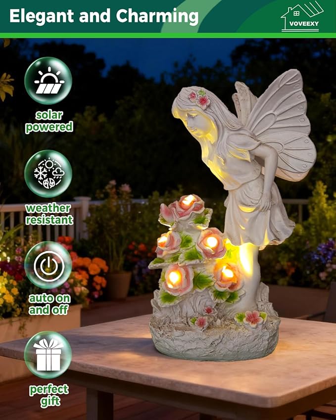 Garden Figurines Angel Garden Statue Outdoor Decor, Solar Powered Resin Sculpture with 5 LEDs Art Decoration for Patio Lawn Yard Porch, Ornament Housewarming Gift, 11“ H