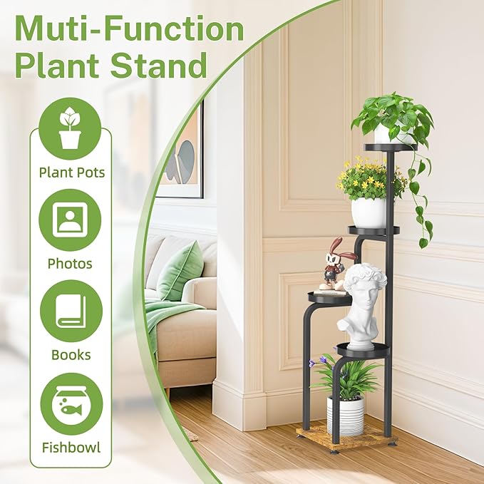 iDavosic.ly Tall Plant Stand Indoor, 4 Tier Corner Multiple Flower Holder Shelf with Metal Trays, Space Saving Display Rack for Living Room Balcony Patio Porch Outdoor | Black & Brown