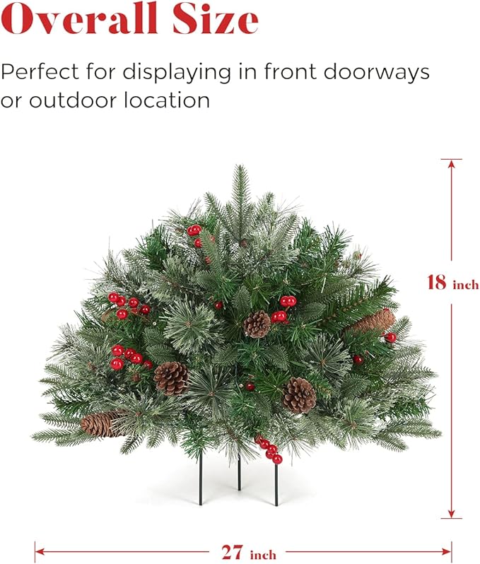Outdoor Christmas Tree Frosted Urn Filler, Pre-lit Artificial Xmas Tree with LED Lights, 18 Inch Small Christmas Tree with Cones & Red Berries