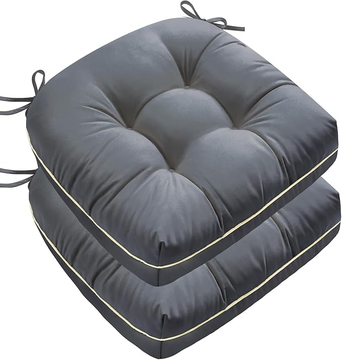 Outdoor Chair Cushions Set of 2, Outdoor Cushions for Patio Furniture and Wicker Chair, Memory Foam Patio Seat Cushion Pads with Ties, 19 x 19 Inch (Grey)