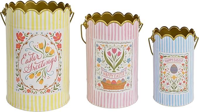 Set of 3 Vintage Floral Metal Bucket, Multi-Size Planters for Flowers & Easter Egg Containers, Rustic Garden & Home Decor