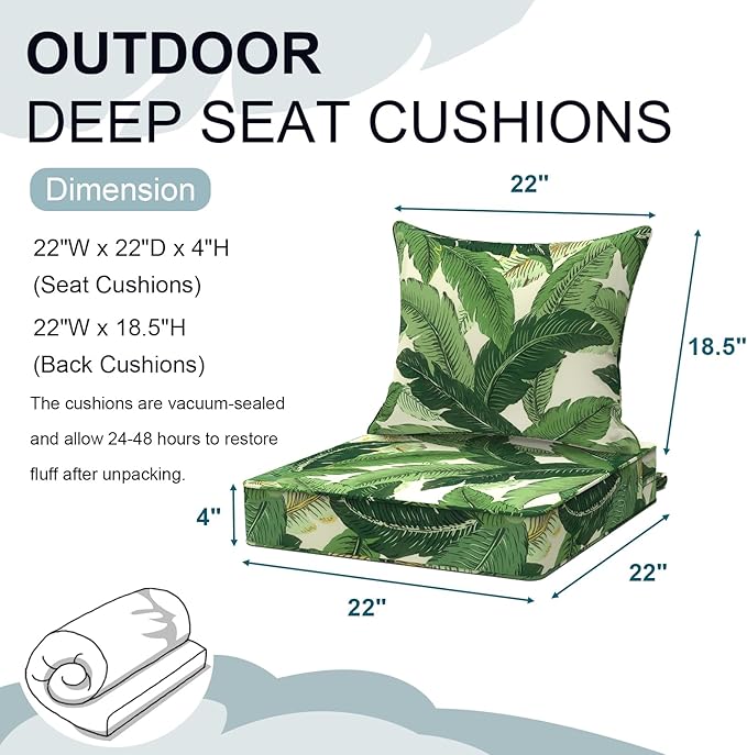 Outdoor Deep Seat Cushion Set, Water Repellent 22"x22" Patio Thick Cushions Replacement with Seat & Back Pillow for Patio Sofa, Wicker Chair, Couch - Swaying Palms Green