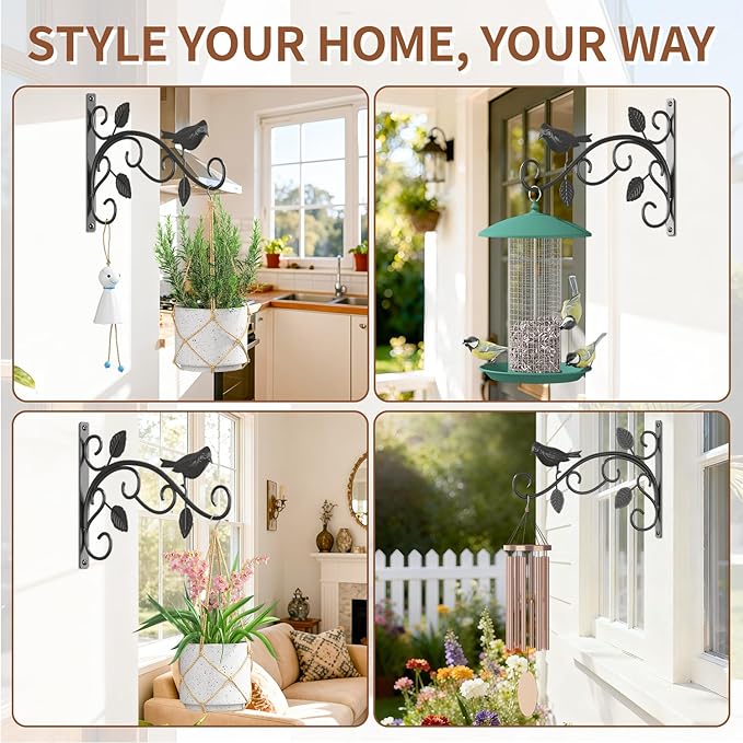 LASZOLA 4 Pack 12 Inch Hanging Plant Brackets, Heavy Duty Iron Wall Hooks with Decorative Bird and Leaf, Rust Proof Metal Outdoor Fence Hangers for Bird Feeders, Planters, Wind Chimes, Lanterns, Black
