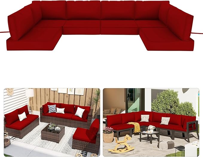 Patio Sectional Cushions, 14-Piece Replacement Cushions for Outdoor Furniture, Water-Resistant Outdoor Sofa Cushion for 6-Seat Rattan Wicker Sectional Conversation Sets (Red)